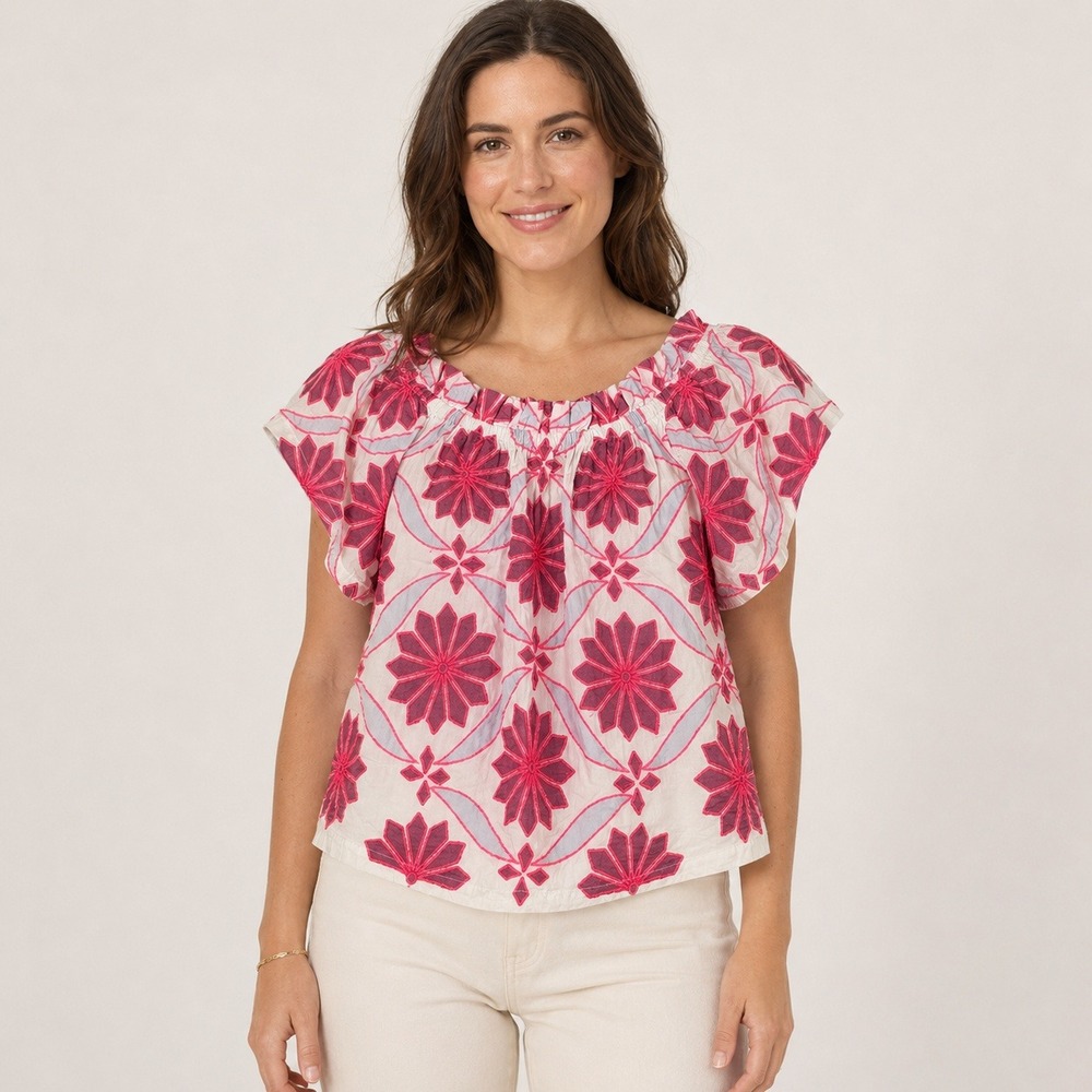 Maeve Anthropologie Women's S White Pink Embroidered Floral Peasant Blouse
